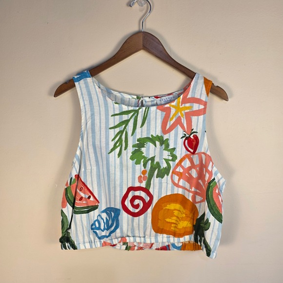 Calypso St. Barth Tops - Calypso St Barth Linen Blend Tropical Fruit Stripe Crop Top Blue White‎ Large